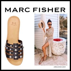 MARC FISHER BLACK LEATHER SLIDES SLIP ON SANDALS FLATS A3C